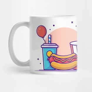 Tasty Hotdog with USA Independence Day Flag Soda, Hat and Balloon Cartoon Vector Icon Illustration Mug